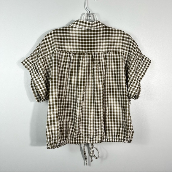 Madewell Seersucker Textured Button Up Green Plaid Tie Bottom Top Large L - Picture 6 of 7